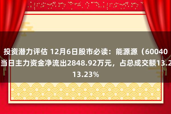 投资潜力评估 12月6日股市必读：能源源（600405）当日主力资金净流出2848.92万元，占总成交额13.23%